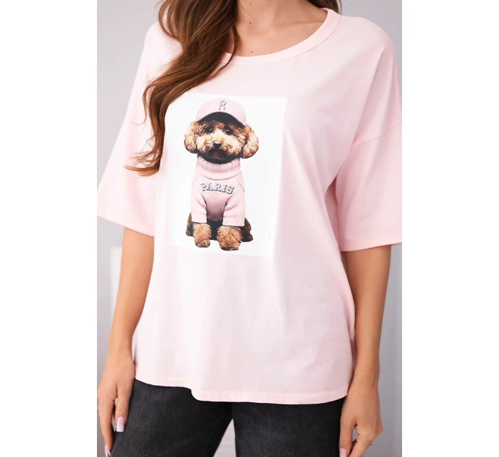 Dámské bavlněné oversize tričko s krátkým rukávem a potiskem bonbónově růžová