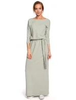 M435 Maxi bavlněné šaty s páskem na zavazování - pistáciová barva