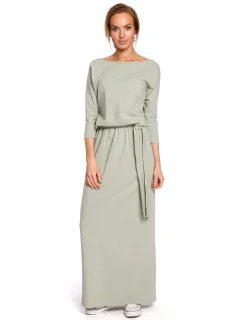 M435 Maxi bavlněné šaty s páskem na zavazování - pistáciová barva
