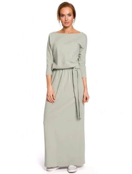 M435 Maxi bavlněné šaty s páskem na zavazování - pistáciová barva