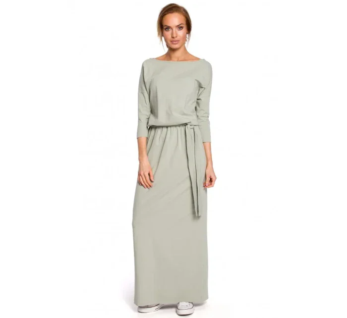 M435 Maxi bavlněné šaty s páskem na zavazování - pistáciová barva