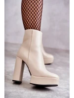 Hladké Kožené Botičky Na podpatku Béžove Kaysa Hladké Kožené Botičky Na podpatku Béžove Kaysa