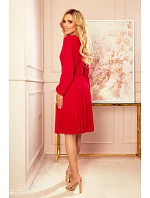 313-5 ISABELLE Plisované šaty s výstřihem a dlouhými rukávy - ČERVENÉ