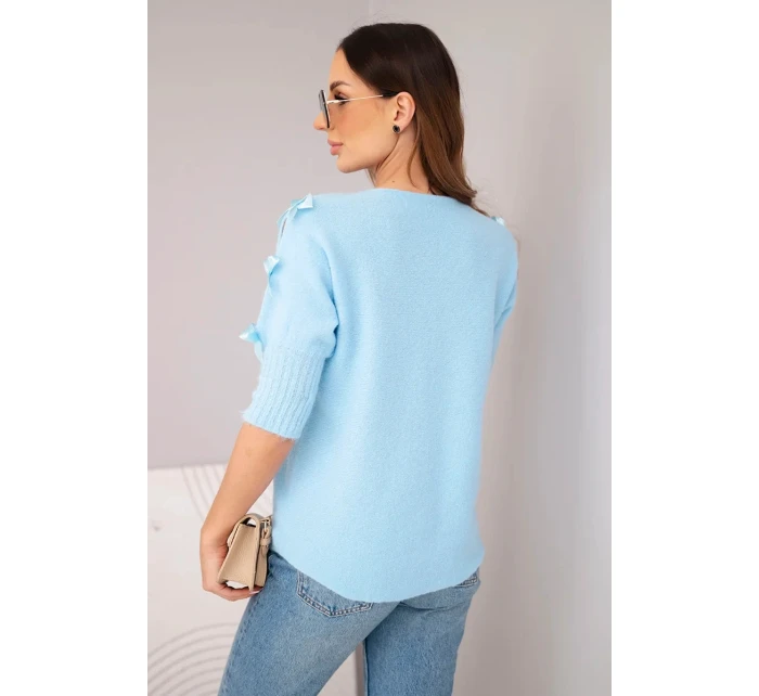 Dámský svetr s krátkým rukávem a ozdobnými mašličkami modrý Dámský svetr s krátkým rukávem a ozdobnými mašličkami modrý