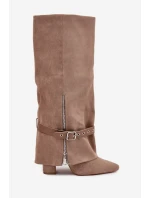 Dámské nazouvací kozačky na podpatku s ozdobným páskem Béžové model 21708858 - Boto