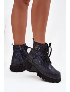 Kožené dámské boty na platformě s nápisy a ozdobným detailem model 21712061 tmavě modré - Artiker