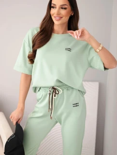 Dámský komplet viskózový máslo s krátkým rukávem a kalhotami s ohrnutým nohavicí tmavě mátový