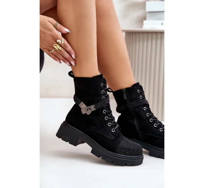 Zateplené kotníkové boty s ozdobou Černé S.Barski HY42-281 Zateplené kotníkové boty s ozdobou Černé S.Barski HY42-281