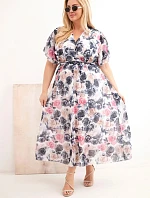 Dámské šaty ve velikosti Plus s květinovým vzorem a s vázáním grafitová