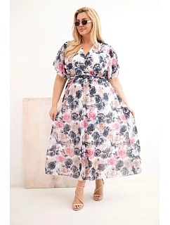 Dámské šaty ve velikosti Plus s květinovým vzorem a s vázáním grafitová
