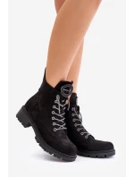 Zateplené kotníkové boty s ozdobným šněrováním model 21675661 Černé - VINCEZA