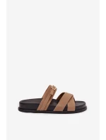 Dámské pantofle s pásky a zlatým přezkou tmavě béžové model 21954632 - Boto