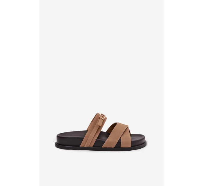 Dámské pantofle s pásky a zlatým přezkou tmavě béžové model 21954632 - Boto