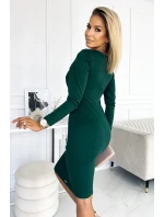 ANGELA - Klasické dámské šaty v lahvově zelené barvě s výstřihem a dlouhými rukávy 403-1