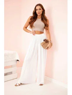 Široké dámské viskózové kalhoty s elastickým pasem bílé