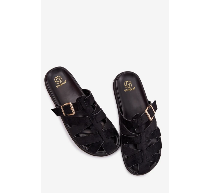 Dámské pantofle s pásky a zlatým sponou Černé model 21943458 - Boto