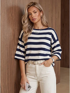 Dámský oversize svetr s pruhy v tmavě modré a bílé barvě FashionStreet MY2608
