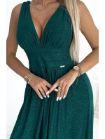 490-3 SUSAN Dlouhé brokátové šaty s výstřihem a prošíváním v pase - BOTTLE GREEN 490-3 SUSAN Dlouhé brokátové šaty s výstřihem a prošíváním v pase - BOTTLE GREEN