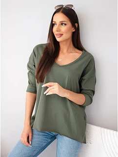 Dámská bavlněná oversized halenka s výstřihem do V a prodlouženým zadním dílem khaki