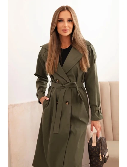 Dámský kabát s vázáním v pase a límcem khaki Dámský kabát s vázáním v pase a límcem khaki