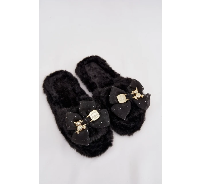 Kožešinové dámské pantofle s mašlí a zlatým zdobením Černé Nolara Kožešinové dámské pantofle s mašlí a zlatým zdobením Černé Nolara