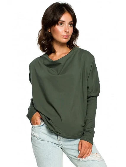 B094 Oversized top s výstřihem do V na zádech - vojensky zelený