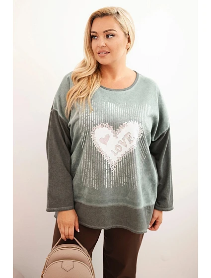 Dámská mikina Plus Size bavlněná s potiskem srdce a šňůrkami khaki