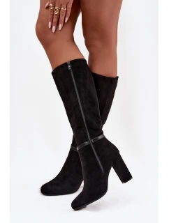 Dámské zateplené kozačky na sloupkovém podpatku se zlatou přezkou Seraphine – černé