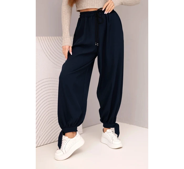 Dámské kalhoty s širokým nohavicí a vázáním dole modré