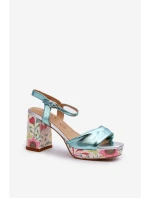 Dámské sandály na podpatku s květinami D&A CR980 modré
