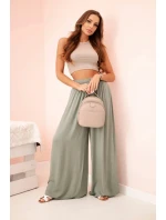 Široké dámské kalhoty s elastickým pasem khaki