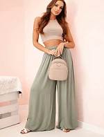 Široké dámské kalhoty z viskózy s elastickým pasem khaki