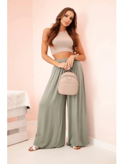 Široké dámské kalhoty s elastickým pasem khaki
