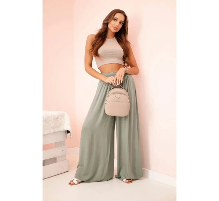 Široké dámské kalhoty s elastickým pasem khaki