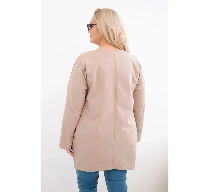 Dámská halenka Plus Size s prodlouženým zadním dílem a dlouhým rukávem camelová