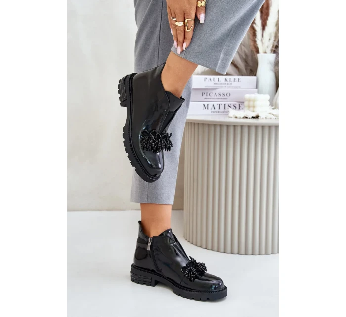 Kožené Lakované Kotníkové Boty s Ozdobou Zateplené D&A Černé Kožené Lakované Kotníkové Boty s Ozdobou Zateplené D&A Černé