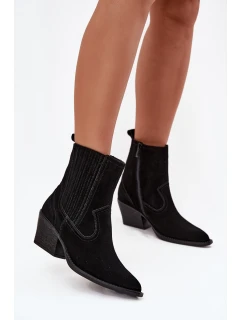 Semišové kovbojské kotníkové boty dámské na podpatku zateplené černé Dylira