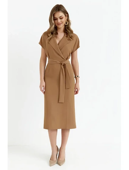 model 20589668 Košilové šaty s páskem na zavázání béžové - STYLOVE model 20589668 Košilové šaty s páskem na zavázání béžové - STYLOVE