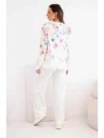 Dámský máslový viskózový komplet s květinovým vzorem a širokými nohavicemi bílý