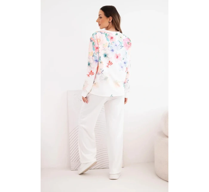 Dámský máslový viskózový komplet s květinovým vzorem a širokými nohavicemi bílý