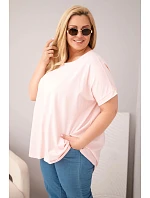 Dámská plus size bavlněná halenka s krátkým rukávem bonbónově růžová