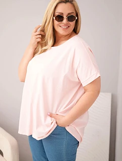 Dámská plus size bavlněná halenka s krátkým rukávem bonbónově růžová