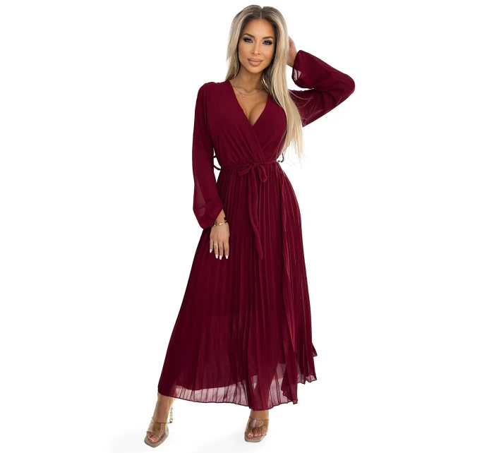 Dámské plisované šifonové šaty ve vínové barvě s výstřihem, dlouhými rukávy a páskem pro zavazování model 21310318 - numoco basic