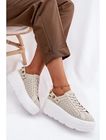 Kožené síťované dámské tenisky na platformě s páskem na podpatku D&A LR61-7088 béžové