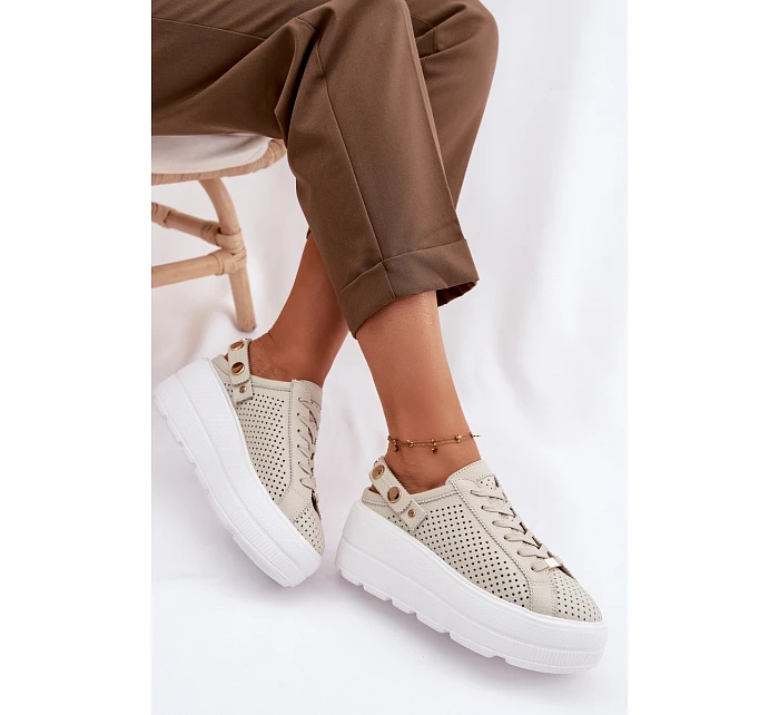 Kožené síťované dámské tenisky na platformě s páskem na podpatku D&A LR61-7088 béžové