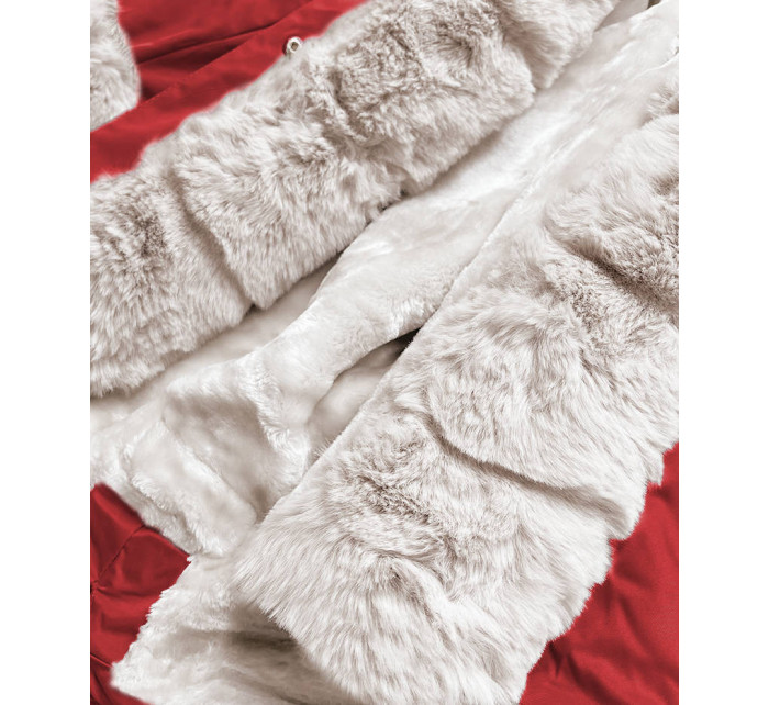 Červeno-ecru dámská zimní bunda parka s mechovitým kožíškem (B530-4046)