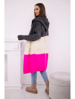 Pruhovaný svetr s kapucí grafit + béžový + růžový neon