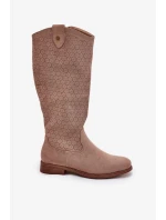 Dámské kozačky na nízkém podpatku s perforovaným vzorem S.Barski – béžové, eko kůže Dámské kozačky na nízkém podpatku s perforovaným vzorem S.Barski – béžové, eko kůže