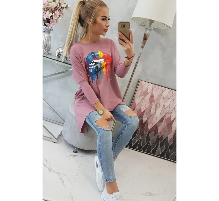 Oversize halenka s potiskem duhových rtů tmavě růžová