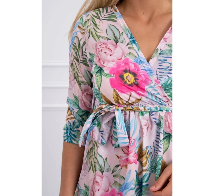 Květinové šaty s vázáním v pase, pudrově růžové